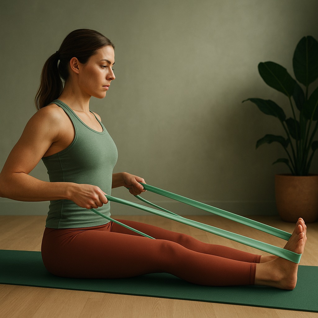 Seated resistance-band row with a long exercise loop around the feet on a training mat